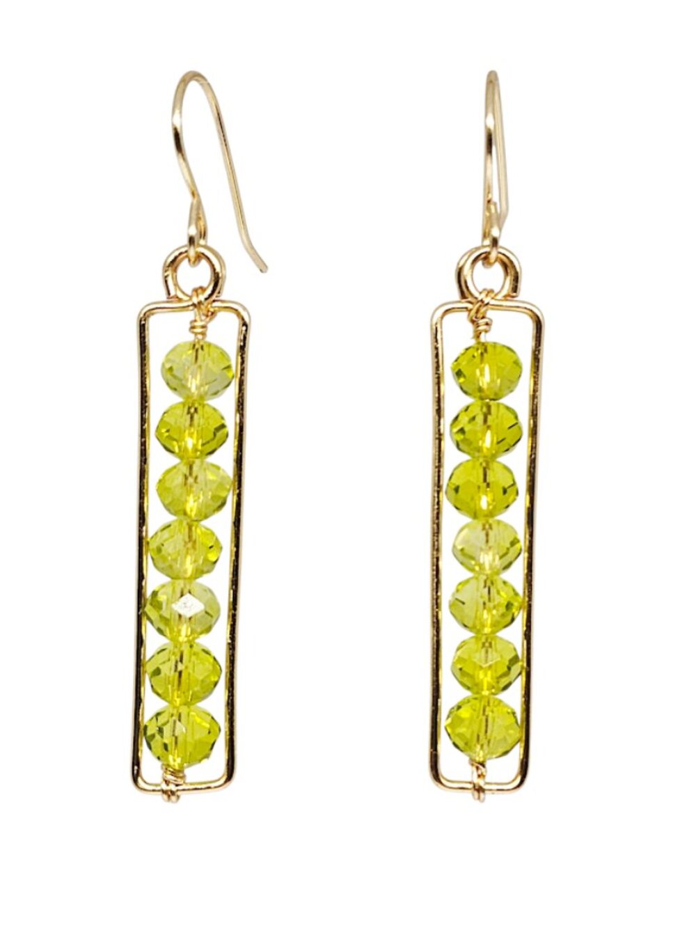 Handcrafted Green Peridot Crystal Beads Gold Bar Wire Boho Dangle Earrings